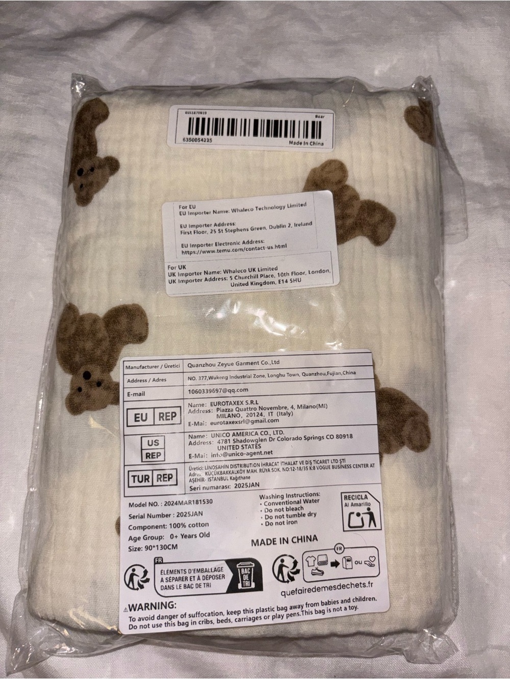 Muslin Cotton Baby Blanket with Brown Teddy Print